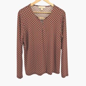 Michael Kors Women Red Geometric Gold Chain Print‎ Top Metal Logo Equestrian